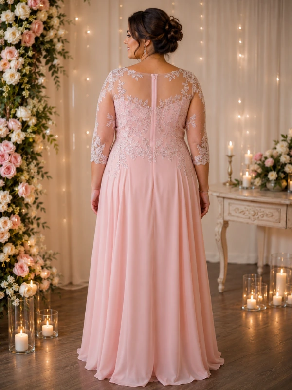 Dos de la robe de cocktail rose blush NY2819 de Fashion New York avec haut en dentelle illusion, fermeture éclair invisible et jupe longue.