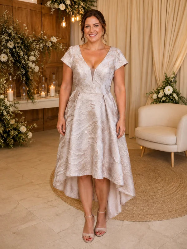 Robe de cocktail longue asymétrique rosa 8JE9 de Marfil Barcelona en brocart avec décolleté V illusion et petites manches, vue de face.