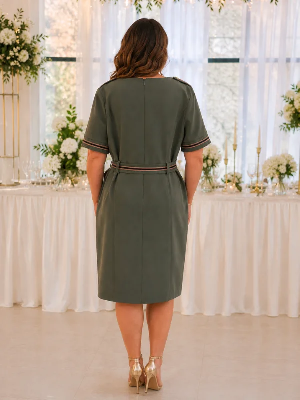 Photographie de dos d'un mannequin posant dans la robe de cocktail droite kaki modèle Cupidon de Sonia K en taille 44. La tenue présente des manches courtes ornées de liserés rayés, une ceinture assortie marquant la taille et une fermeture éclair discrète au centre du dos.