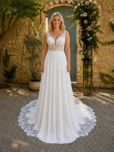Robe de mariée trapèze Amaranthe en crêpe et dentelle, vue de face avec décolleté V et bretelles larges — Petite Folie.