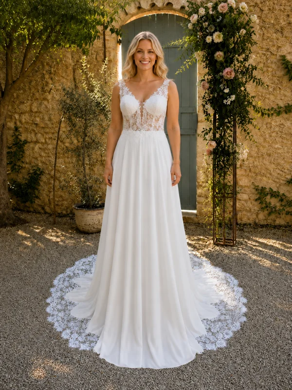 Robe de mariée trapèze Amaranthe en crêpe et dentelle, vue de face avec décolleté V et bretelles larges — Petite Folie.